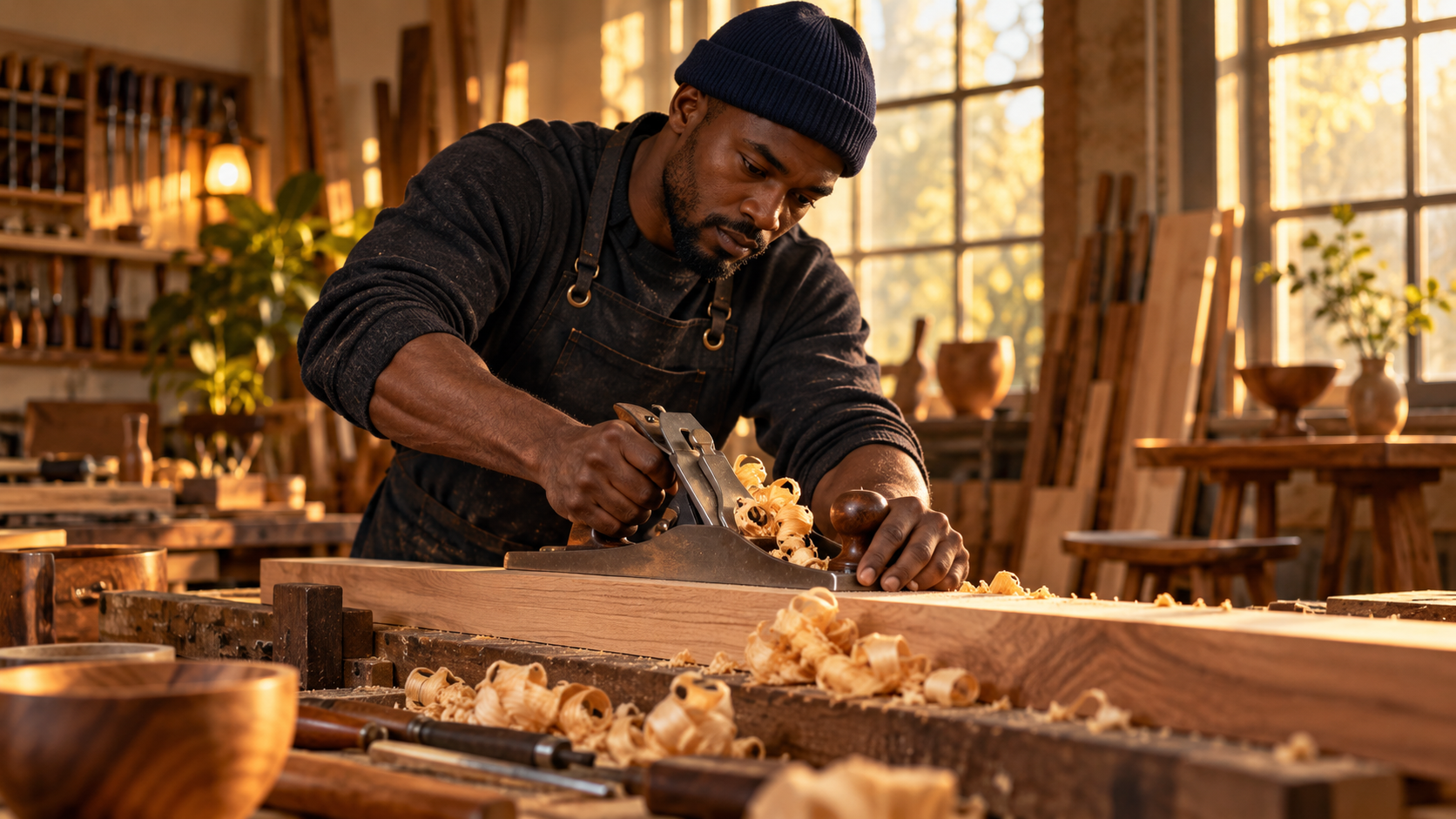 Woodworker shaping timber in a sunlit workshop